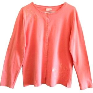 Women's Soft Cardigan Sweater Button Front Cotton Stretch Embroidered Coral - L